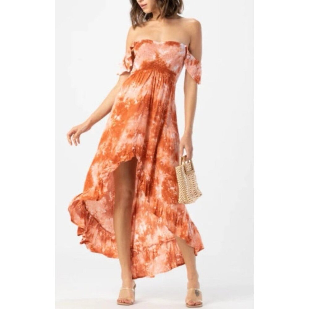 Tiare Hawaii Dress S M L O/S Orange White Smocked Ruffle Flowy Washable NEW $118